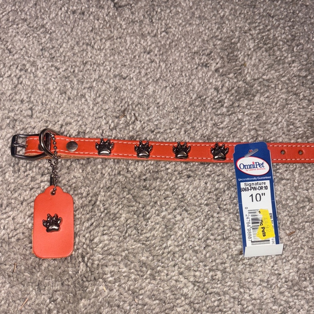 New Orange Dog Collar with Paw Charms leather size 10 inches